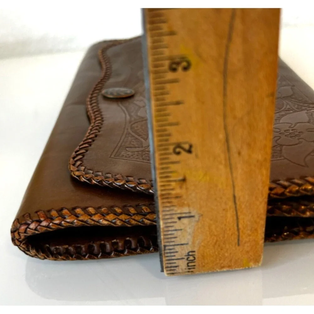 Vintage 1920s Leather Clutch Hand Tool Double Side Whipstitch Snap Floral Folds
